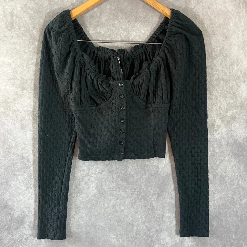 Free People Corset Top Women XS Black Long Sleeve Ruched Button Front OB1075685